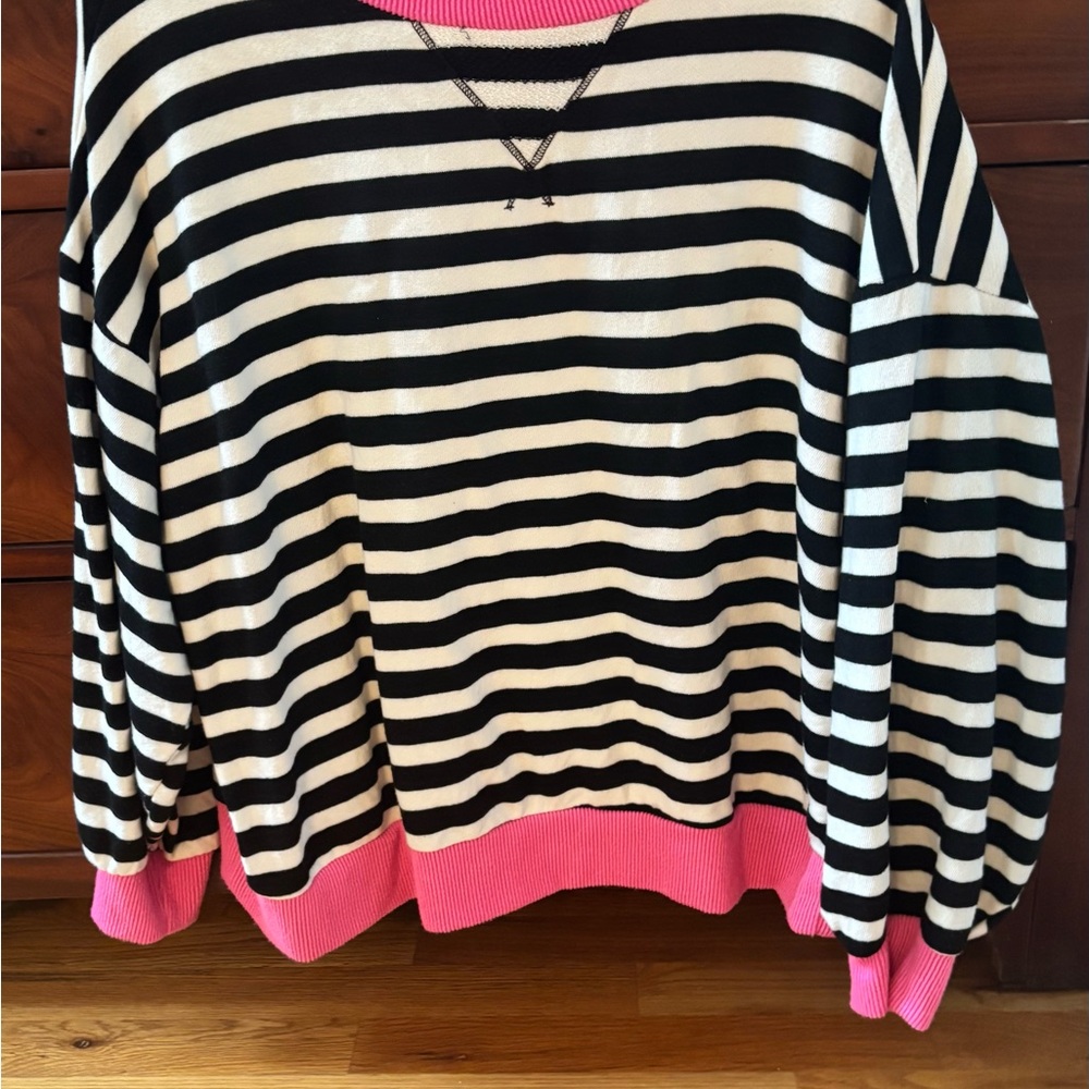 BUCKETLIST Black and White Striped Sweater with Pink Trim